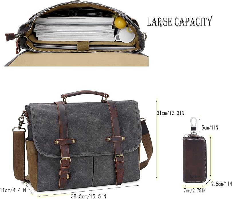 Messenger Bag for Men, Waterproof Genuine Leather Waxed Canvas Briefcase 15.6 Inch Laptop Larger Shoulder Bag with Key Bag