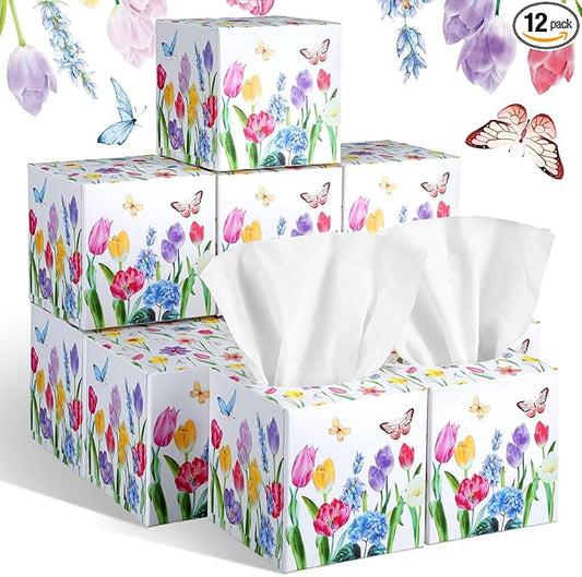 12 Pack Facial Tissues Cube Face Boxes 600 Sheets 3 Ply Small Square Tissues Bulk for Car Bedroom Supplies(Tulips)