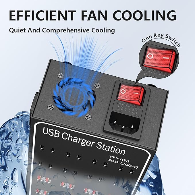 Multiple USB Charging Station, RUANSZZ 40 Port 200 Watt (40A) USB~C Charger Block with Power Switch, Multiple USB Desktop Charger Station, Suitable for Shops, Hotels, Schools, Shopping malls