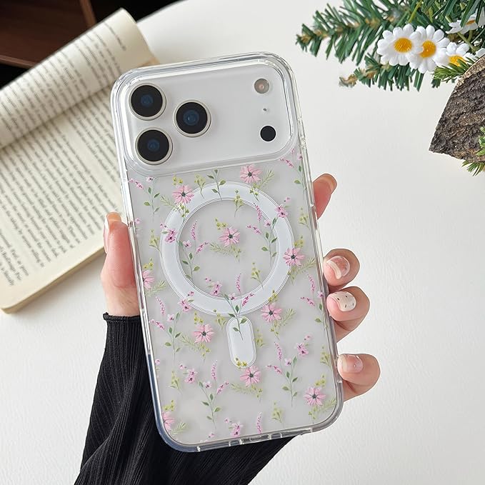 ZTOFERA for iPhone 17 Pro Max Magnetic Case Compatible with Magsafe,Aesthetic Floral Pattern Design Cute for Girl Women,Anti-Drop Protective Hard Phone Cover for iPhone 17 Pro Max-Pink Flower