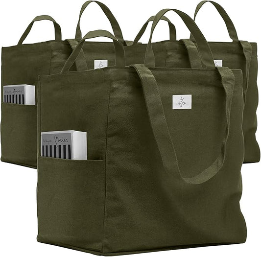 Nook Theory 3 Pcs Reusable Grocery Bags - Heavy Duty Canvas Bag, Large Grocery Tote for Shopping, Picnic, and Daily, 100% Cotton (Army)