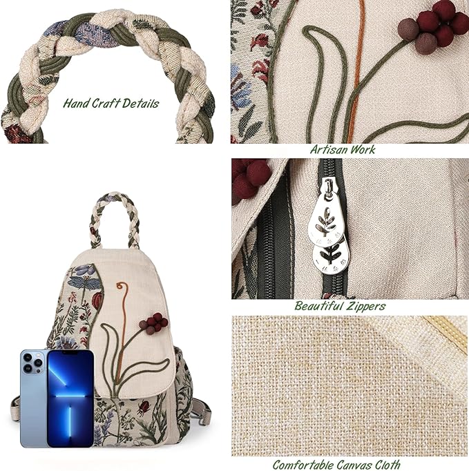 Ladys Convertible Sling Bag, Hand Craft Artisan Purse, Beautiful Grape Flower Canvas Premium Casual Day Mini Backpack for women