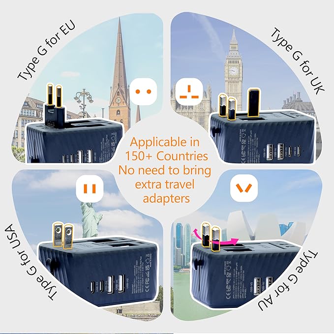 Universal Travel Plug Adapter Worldwide with 2 USB C and 2 USB A Ports, Travel Accessories Travel Charger International Travel Adapter Plug Travel Essentials USA to UK Europe Australia (Black, 17W)