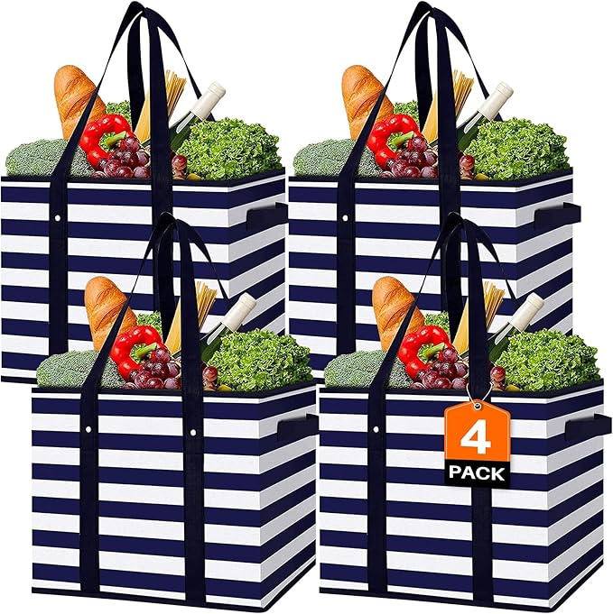 WISELIFE 4 Pack Reusable Grocery Bags Large Water Resistant Grocery Collapsible Heavy Duty Tote Bags for Shopping Picnic