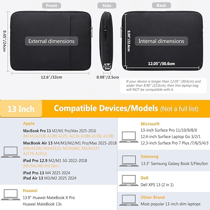HYZUO 13 Inch Laptop Sleeve Bag Set for MacBook Air 13 M4/M3/M2/M1 2025-2018, MacBook Pro 13 M2/M1 2025-2016, iPad Pro/Air 13, XPS 13, Surface Pro, Notebook Case for 12"-13" Tablet
