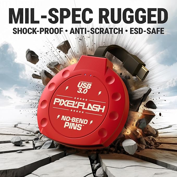 PixelFlash CF Card Reader USB C (Red) - Compact Flash Memory Card Reader with Cabled Type-C USB 3.1, 5GB/s File Transfer, No-Bend Pins Technology, Supports UDMA-7, Anti-Slip & Anti-Scratch Exterior