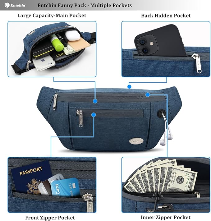 Entchin Fanny Pack for Women Men,Crossbody Belt Bag with 4-Zipper Pockets,Adjustable Waist Bag Pack,One of the Most Popular Travel Essential Gifts for Walking,Traveling,Cycling