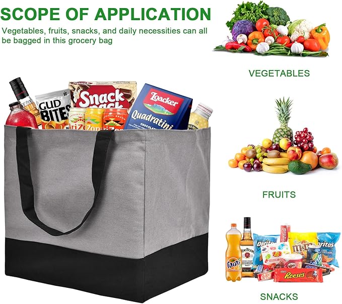 Canvas Reusable Grocery Bags Heavy Duty, 8.3 gal Foldable Large Canvas Tote Bag with Handles, Holds 60 lbs Canvas Shopping Bags, 1 Pack