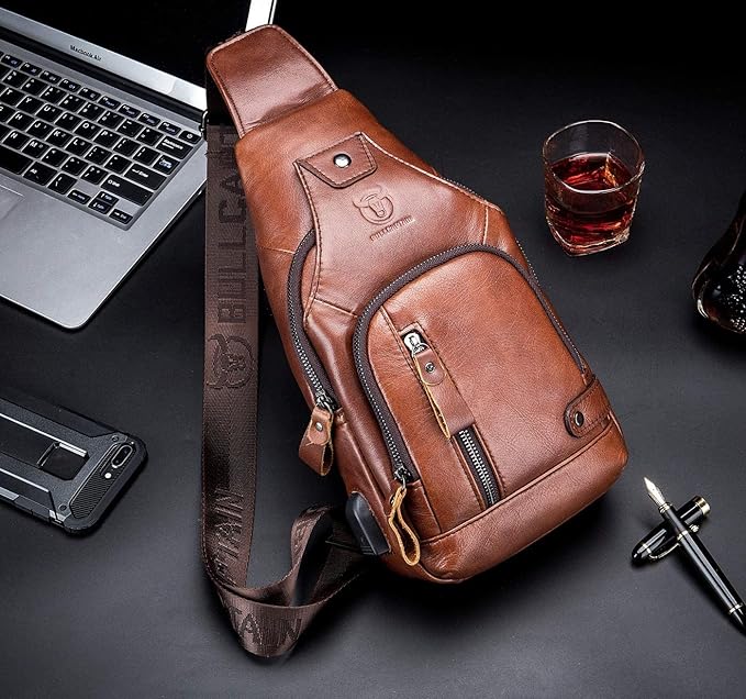 BULLCAPTAIN Leather Men Sling Bags Travel Crossbody Chest Bag Hiking Daypack with USB Charging Port Multi-Pocket