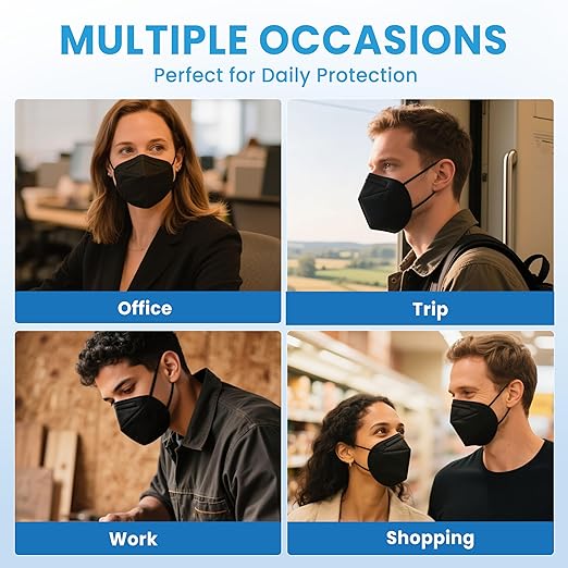 akgk KN95 Face Mask 50 PCS, Breathable Protection Masks, Individually Wrapped, 5-Ply KN95 Black Masks, Cup Dust Safety Masks
