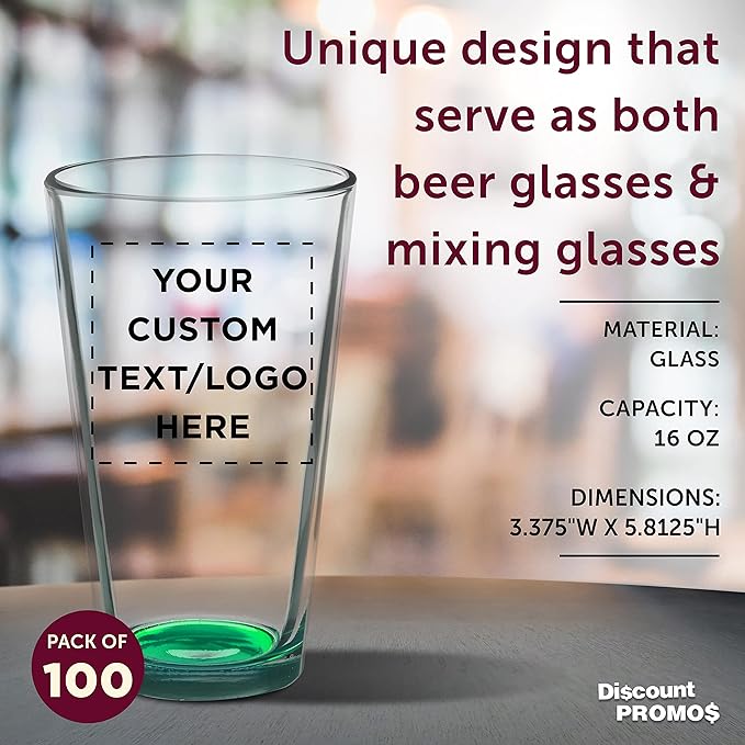 Custom Arc Pint Glass 16 oz. Set of 100, Personalized Bulk Pack - Beer Glasses, Heavy Duty Drinkware - Green