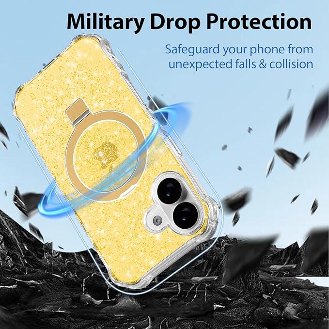 Magnetic for iPhone 17 Case with Invisible Stand, Compatible with MagSafe, Clear Bling Sparkle Shockproof Slim Anti-Slip Military Drop Protection Hard Phone Case 6.3" Glitter Gold