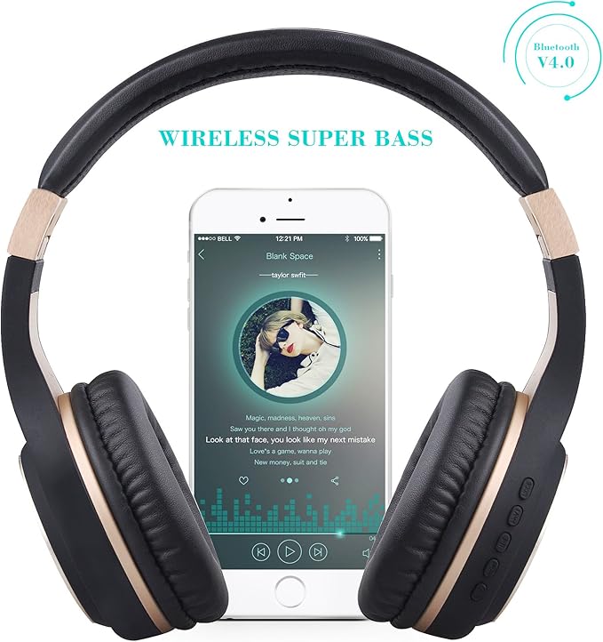 Riwbox Bluetooth Headphones, XBT-80 Folding Stereo Wireless Bluetooth Headphones Over Ear with Microphone and Volume Control, Wireless and Wired Headset for PC/Cell Phones/TV/iPad (Black Gold)