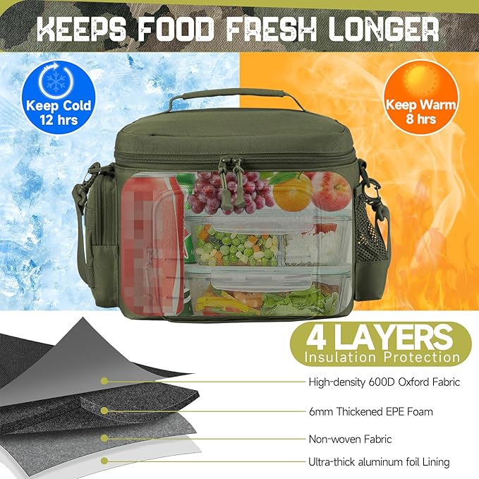 QT&QY Tactical Lunch Bag for Mens Military Heavy Duty Lunch Box Work Leakproof Insulated Durable Thermal Cooler Bag for Adult Meal for Office Camping Picnic Pail MOLLE Webbing Army Green