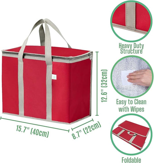VENO 2 Pack Cooler Bag and Insulated Grocery Bags for Food Delivery, Collapsible Cooler, Reusable Shopping Bags for Groceries with Zipper, Foldable, Heavy-Duty, Stands Upright (Red, 2 Pack)