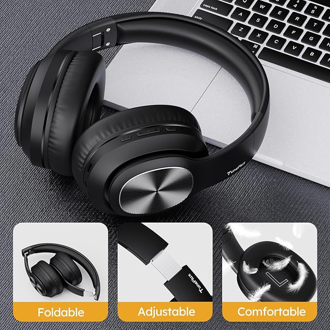 TuneFlux Wireless Bluetooth Headphones Over Ear, 80H Playtime, 3EQ Sound Modes, HiFi Stereo Headphones with Deep Bass Microphone, Foldable Bluetooth 5.3 Headsets for Smartphone/PC/Computer