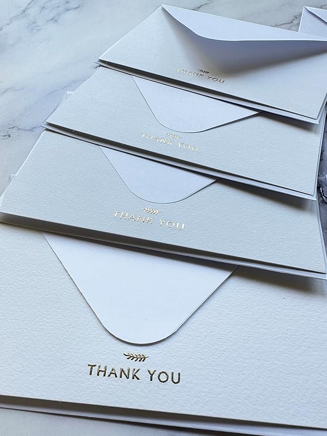 RUN2PRINT (36 Pack) Thank You Cards With Envelopes & Gift of 36 Foiled Stickers - Elegant Embossed Gold Foil Pressed Blank Notes Wedding All Occasion Cards (White)