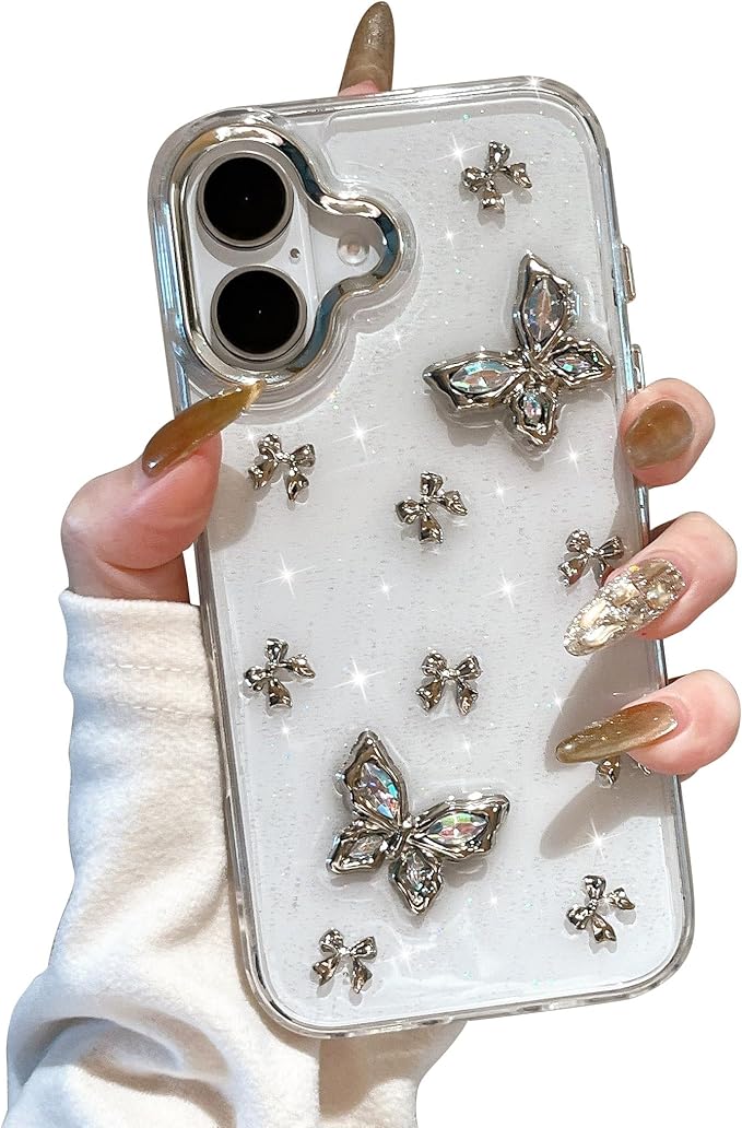 EYZUTAK Case for iPhone 16 Plus, Bling Glitter 3D Butterflies Bowknot Phone Case Cute Crystal Clear Bow Aesthetic Case Slim Soft Durable TPU Transparent Protective Cover for Women Girls - Butterfly