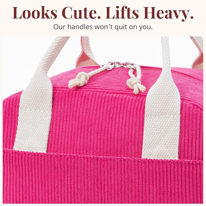 Insulated Lunch Bag for Women Men, Stylish Corduroy Tote Bag with Aluminum Lining, Large Capacity Reusable Cooler for Work, Travel, or Beach, Berry Red Lunch Box