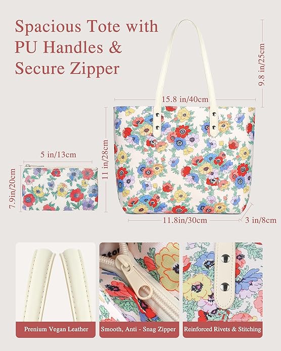 Nylon Tote Bag for Women, Floral 2-in-1 Set with Makeup Bag, Waterproof Large Capacity Shoulder Purse for Travel & Gift