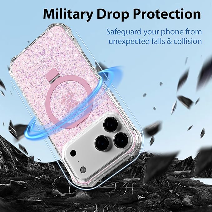 Magnetic for iPhone 17 Pro Max Case with Invisible Stand, Compatible with MagSafe, Clear Bling Sparkle Shockproof Slim Anti-Slip Military Drop Protection Hard Phone Case 6.9" Glitter Pink