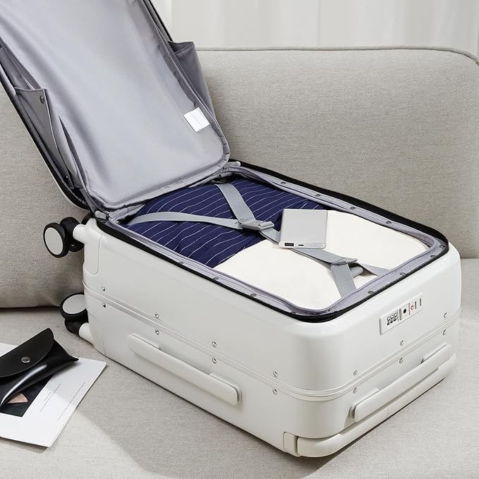 MILADA Wide Handle Luggage with Front Pocket Hardshell Aluminium Check In Suitcase with Wheels Medium 24 Inch Front Opening Checked Luggage with Spinner Wheels TSA Lock Airline Approved Luggage, White
