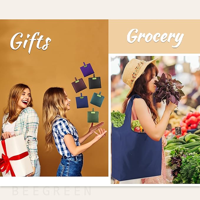 BeeGreen Reusable Grocery Bags Heavy Duty Extra Large 6 Pack Foldable Tote Bag - Cloth Grocery Bags Machine Washable Polyester Fabrics Bulk Shopping Bag - Reusable Gifts for Women (Green Black)