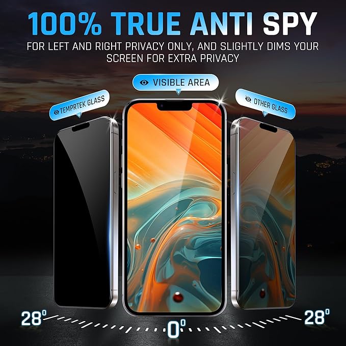 TEMPRTEK+ for iPhone 13 Pro Max/14 Plus Privacy Glass Screen Protector 2 Pack (9H+ Military Grade 3X Protection) Long Last Shatterproof Tempered Glass-Anti Scratch/Fingerprint [Full Coverage] Anti-Spy
