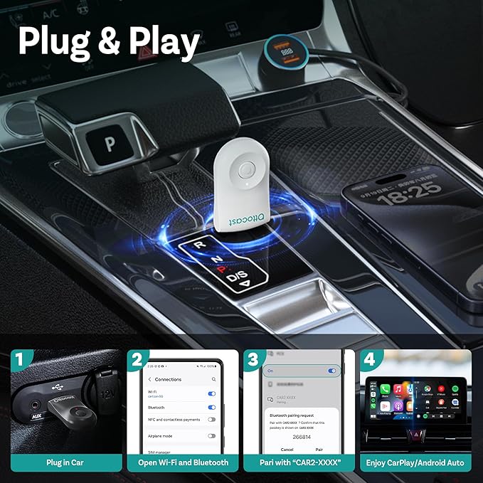 OTTOCAST Mini 2025 Wireless CarPlay & Android Auto 2-in-1 Adapter, Fast Stable Connection, Plug & Play for iPhone & Android Devices (White)