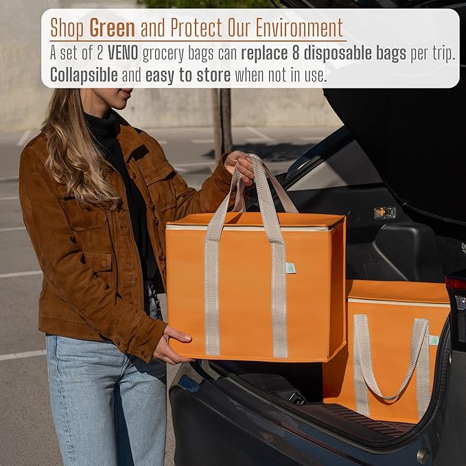 VENO 2 Pack Cooler Bag and Insulated Grocery Bags for Food Delivery, Collapsible Cooler. Reusable Shopping Bags for Groceries with Hard Bottom, Zippered, Foldable, Heavy-Duty (Autumn Orange, 2 Pack)