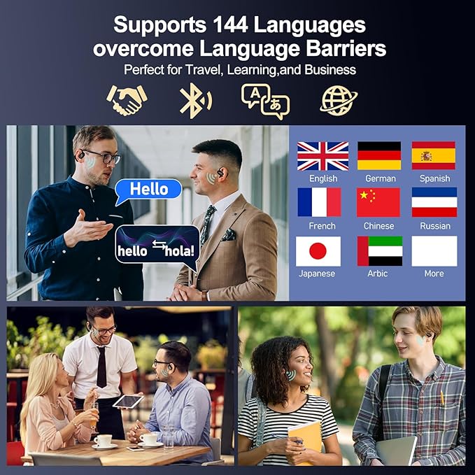 AI Translation Earbuds Real Time 3-in-1, 144 Language No Subscription Fees, Language Translator Device with APP Fit iOS & Android Bluetooth Headphones for Business Office and Travel (Black)