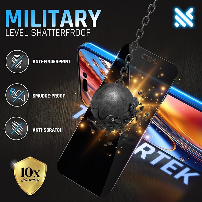 TEMPRTEK+ 2 Pack for iPhone 15 Pro Max Privacy Screen Protector Privacy 9H Military Grade Scratch Fingerprint Resistance Anti-Glare Shatterproof Tempered Glass Anti-Spy Easy Installation Bubble Free