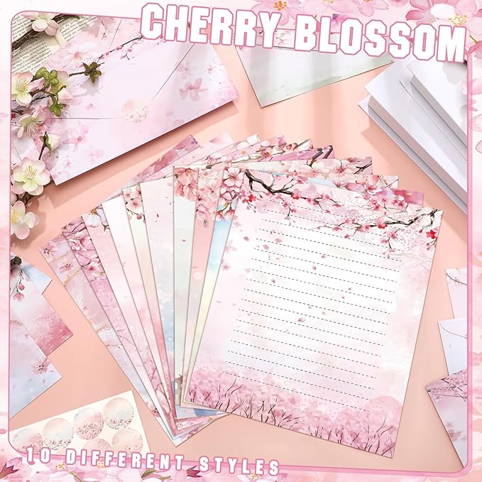 TaoBary 160 Pcs Stationery Paper Set 50 Double Sided Stationery Papers with 50 Matching Envelopes and 60 Round Dot Sticker, 10 Design(Cherry Blossom,8.5 x 11 Inch)