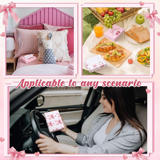 TaoBary 24 Packs Pink Bow Small Boxes of Tissues Flower Car Facial Tissue Boxes Disposable Tissue Packs Cube Facial Tissues 2 Ply 960 Sheets for Holiday Party Bathroom Office Floral Home Decor