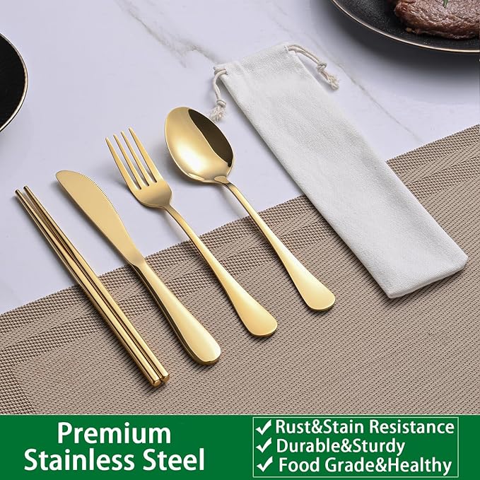 Gold Travel Utensils Set With Pouch,Outdoor Camping Silverware Set For Picnic Gadgets,Set Of 5 Portable Cutlery Spoon And Fork Set With Case For Dining