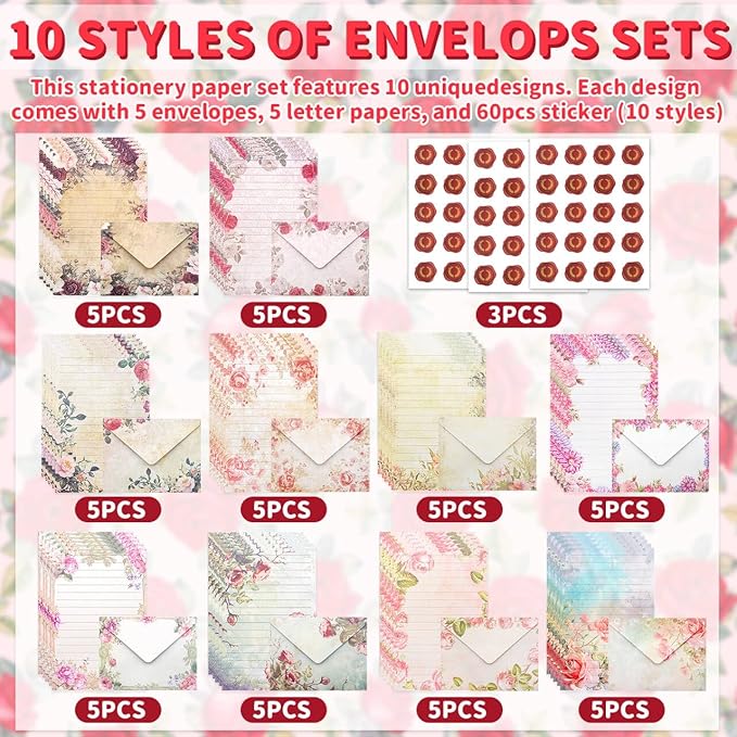 160 Pcs Stationery Paper Set Including 50 Matching Envelopes 50 One Sided Stationery Writing Papers 60 Round Dot Sticker for School Office Supplies,10 Design, 5.5 x 8.25 Inch(Vintage Floral)
