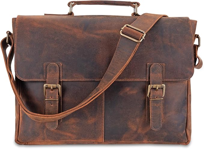 moonster Leather Messenger Bag for Men, Rustic Messenger Bag for Women – Handmade Full Grain Leather Bag for Men - Distressed Buffalo Leather – 16 Inch Laptop Bag with Padded Compartment Pockets
