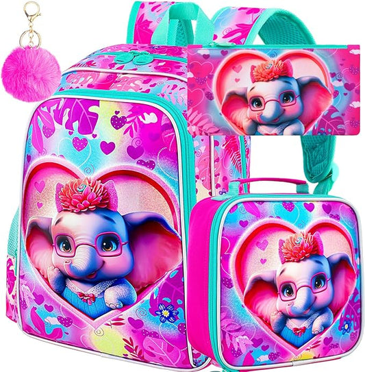 16" Girls Backpack, 3Pcs Elephant School Bookbag with Lunch Box, Kids Backpacks for Elementary Preschool Kindergarten(Pink)