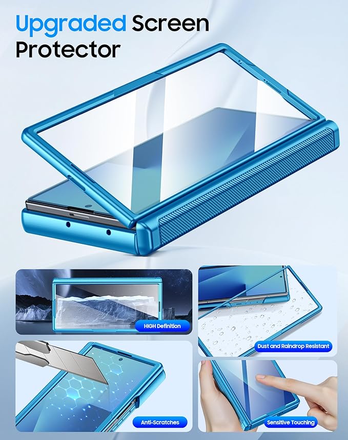for Samsung Galaxy Z Fold 7 Case with Card Holder RFID Blocking, Built in Slide Lens Cover & Hinge Protection & Screen Protector, Shockproof Wallet Case for Z Fold 7 (Lake Blue)