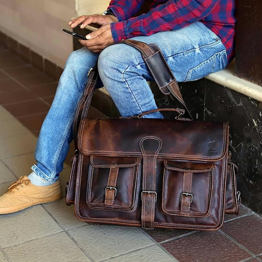 cuero Leather Messenger Bag for Men, 16 Inch Laptop Crossbody, Vintage Handmade Leather Shoulder Satchel Bag for Men, Full Grain Business Briefcase for Office/Work/Travel - Brown