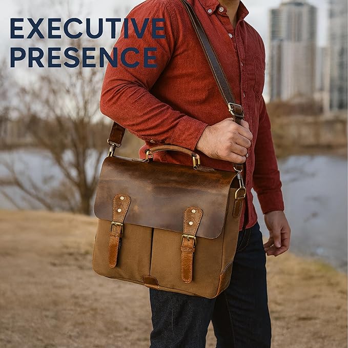 RUSTIC TOWN Leather Canvas Messenger Bag for Men Women - Vintage Laptop Satchel Leather Briefcase (14 Inch, Olive Green)