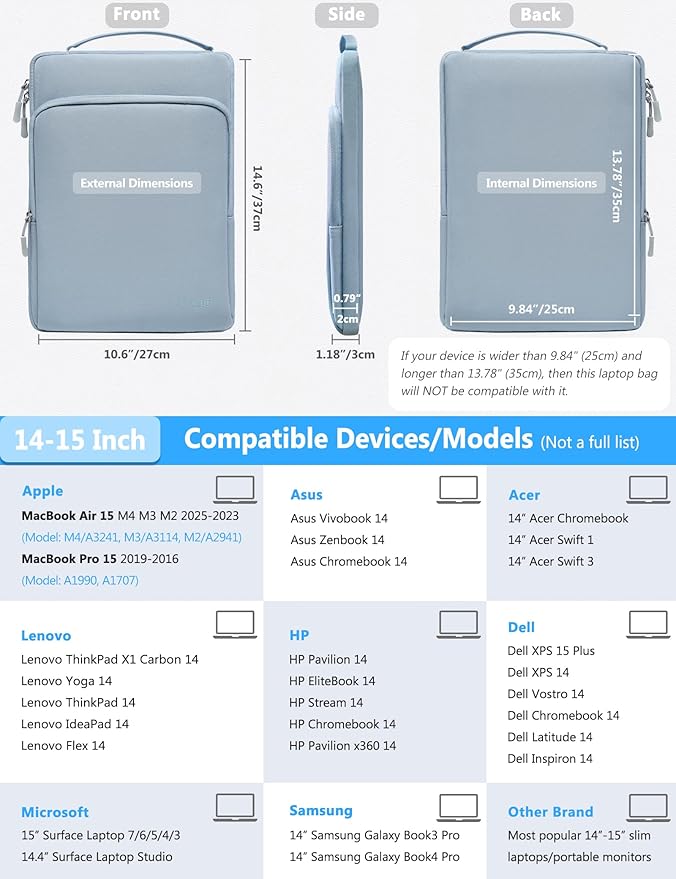 HHYZUO 14-15 Inch Laptop Bag Sleeve for MacBook Air 15 M4 M3 M2, MacBook Pro 15, XPS 14/15 Plus, 15" Surface Laptop, Notebook Case for 14" Dell HP Lenovo ThinkPad Asus Acer Huawei, Pale Blue