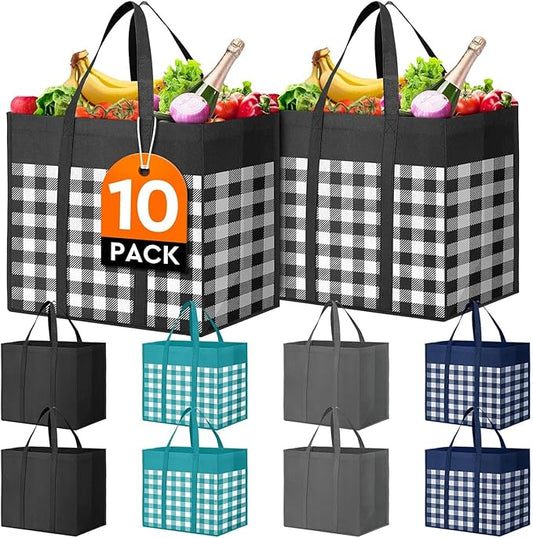 WISELIFE Reusable Grocery Shopping Bags 10 Pack Large Foldable Tote Bags Bulk, Eco Produce Bags with Long Handle for Shopping Groceries Clothes (Plaid B)