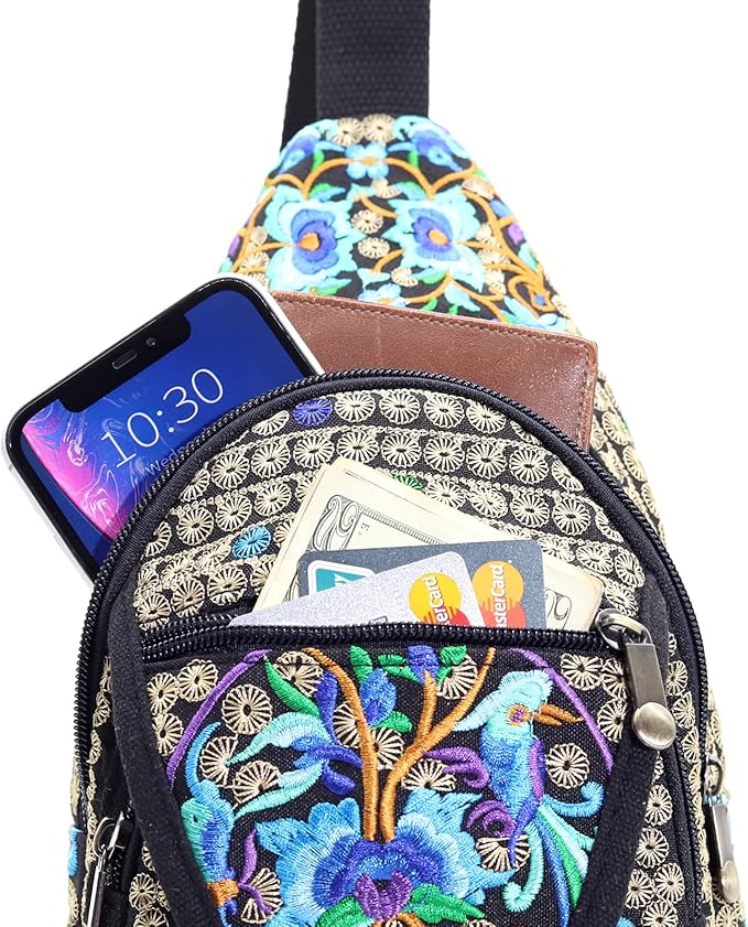 SILKAREA Embroidered Boho Small Sling Bag for Women Travel Chest Bag Crossbody Backpack Purse Shoulder Bag (Blue)