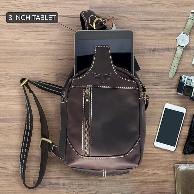 Leather Cross-body Sling Bag Casual Daypack Backpack Chest Shoulder Multi-Purpose Timeless Design Small Men (Dark Brown)