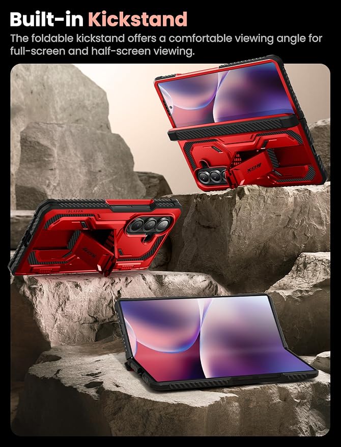 i-Blason Armorbox for Samsung Galaxy Z Fold 7 Case with Stand [Tempered Glass Screen Protector] [Hinge Protection] Full-Body Heavy Duty Rugged Shockproof Protective Case for Z Fold 7 (Red)