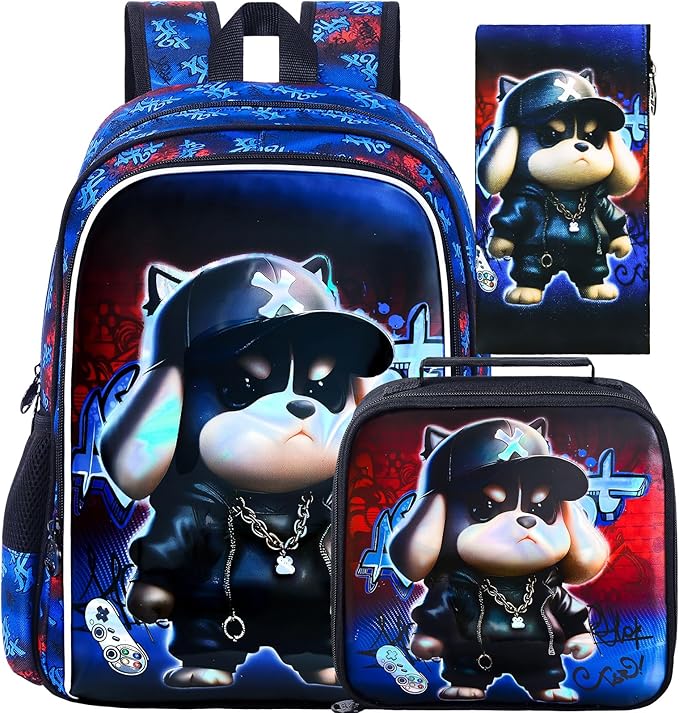 CCJPX 16" Kids Backpack for Boys, 3PCS Dog Water Resistant Preschool Bookbags with Lunch Box, Cool School Bag for Toddler Kids