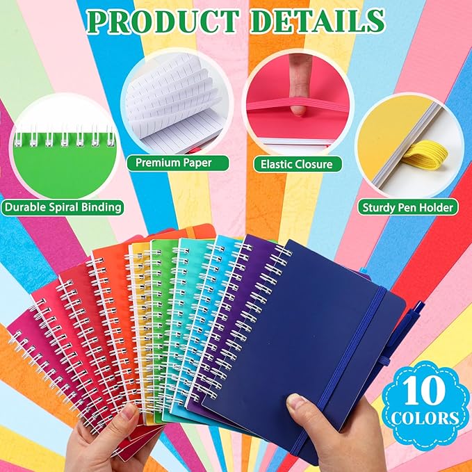 Fulmoon 100 Set A6 Spiral Notebook with Ballpoint Pen in 10 Colors 50 Sheets, 4" x 6" Bulk Ruled Small Notebooks Journals for Back to School Supplies Students Gifts Office Coworkers (Candy Brights)