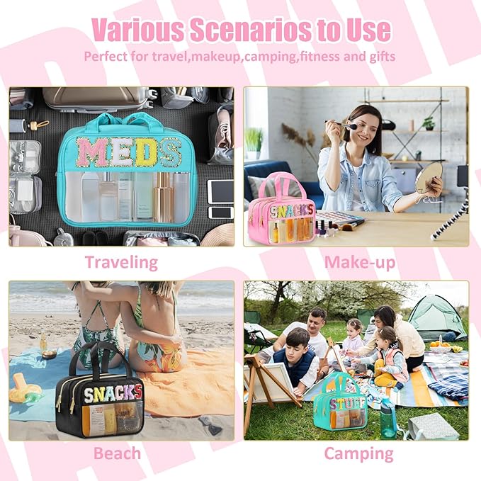Chenille Letter Clear Makeup Bags, Snacks Bag for Travel, Preppy Patch Nylon Cosmetic Bag with Handles and Zipper, Waterproof Large Clear Travel Toiletry Bag Storage Bag for Women Pink