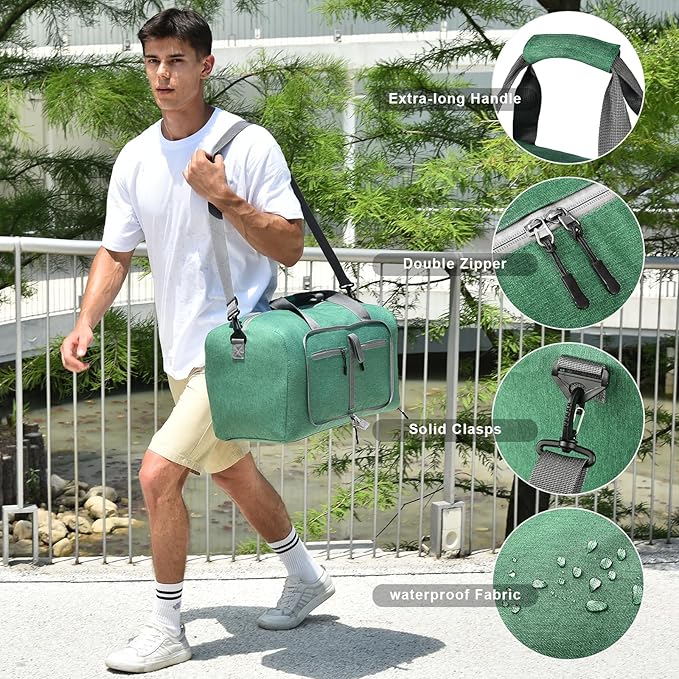Dimayar 40L Travel Duffle Bag for Men Women - Foldable Duffel Bag with Shoes Compartment - Overnight Bags Waterproof & Tear Resistant(Forest Green)